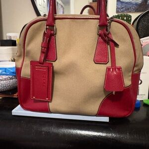 Prada Tan canvas and Red Leather bowling bag-Vintage